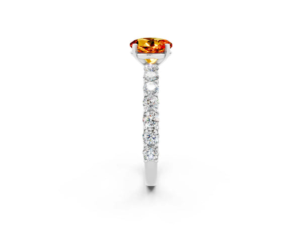 White gold Round Cut Citrine Solitaire Ring with Shared Prong Pavé Band and Four-Prong Setting