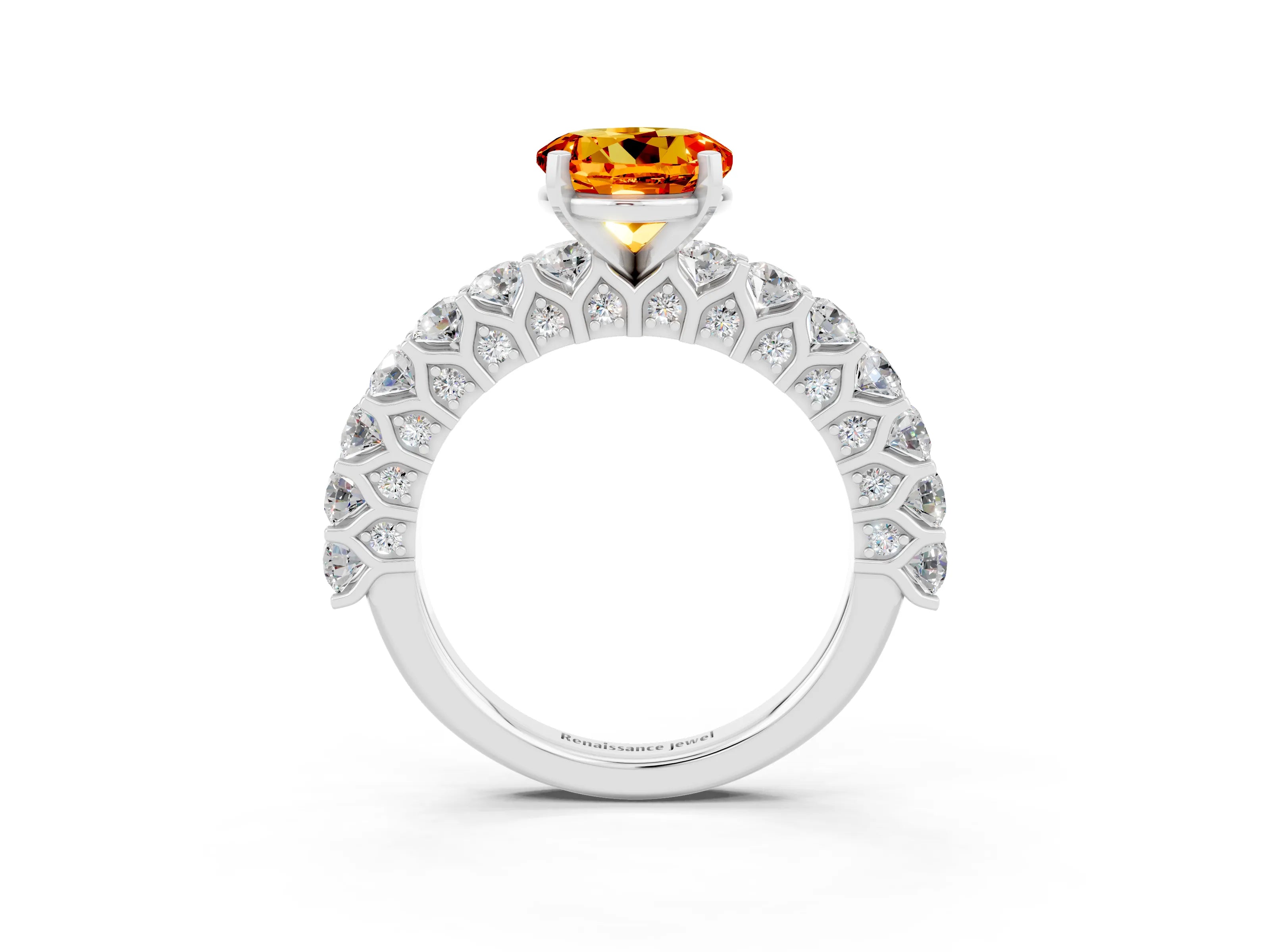 White gold Round Cut Citrine Solitaire Ring with Shared Prong Pavé Band and Four-Prong Setting_3