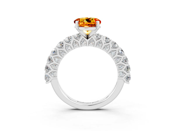 Silver Round Cut Citrine Solitaire Ring with Shared Prong Pavé Band and Four-Prong Setting