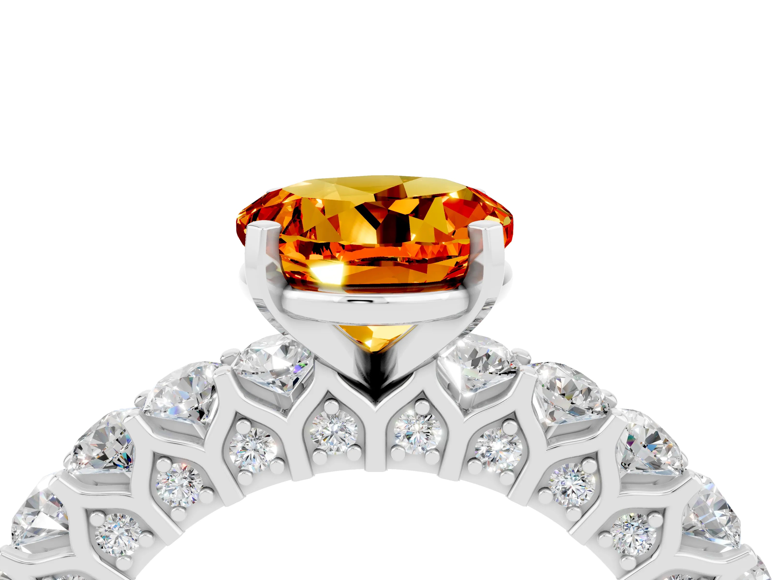 White gold Round Cut Citrine Solitaire Ring with Shared Prong Pavé Band and Four-Prong Setting_4