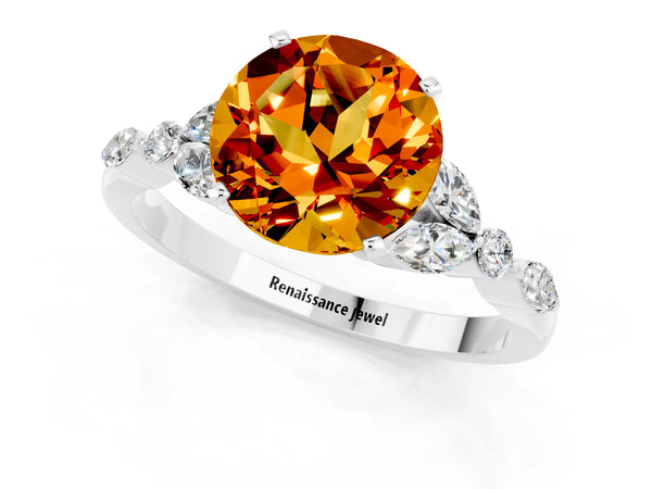 White gold Round Cut Citrine Solitaire Ring with Side Stones and Four-Prong Setting