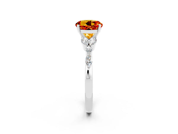 White gold Round Cut Citrine Solitaire Ring with Side Stones and Four-Prong Setting