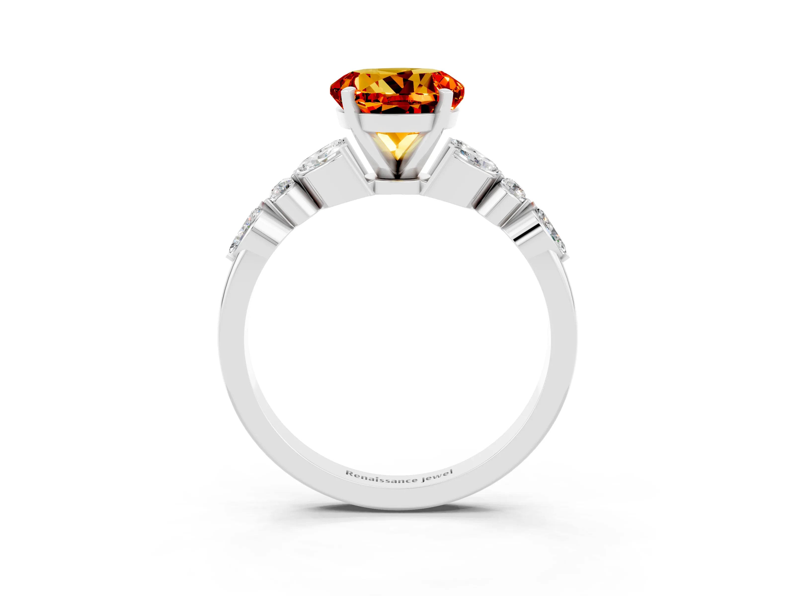 White gold Round Cut Citrine Solitaire Ring with Side Stones and Four-Prong Setting_27