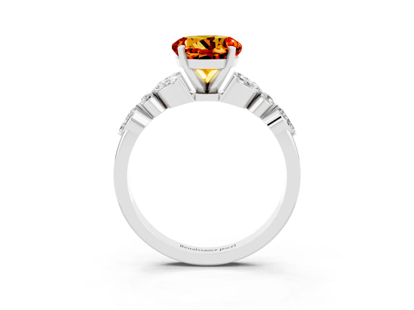 White gold Round Cut Citrine Solitaire Ring with Side Stones and Four-Prong Setting