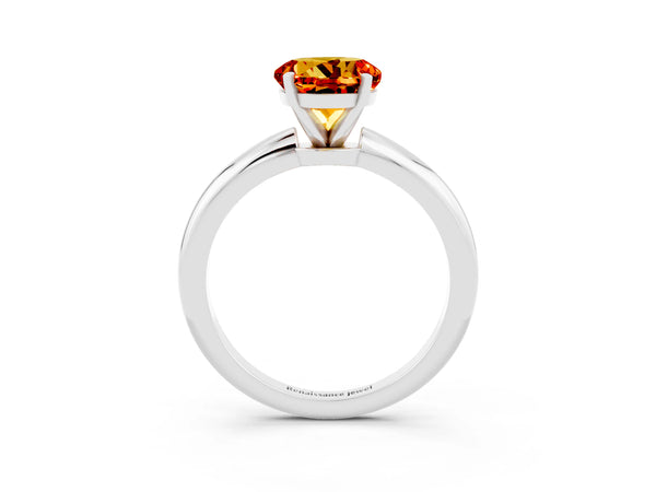 Platinum Round Cut Citrine Solitaire Ring with Six-Prong Setting and Classic Band