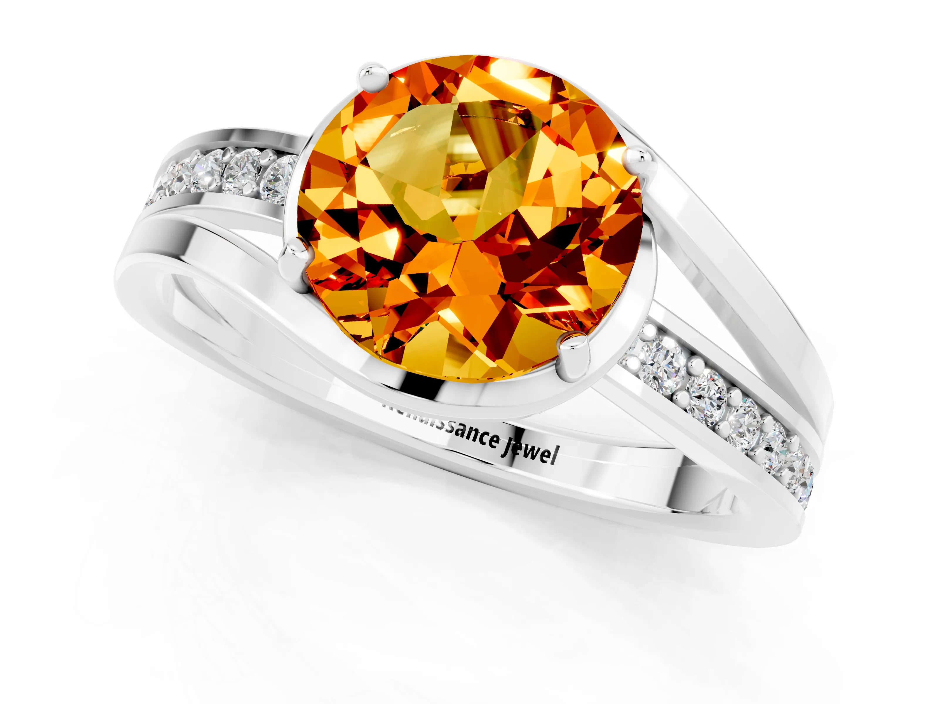 White gold Round Cut Citrine Solitaire Ring with Split Shank and Prong Setting_1