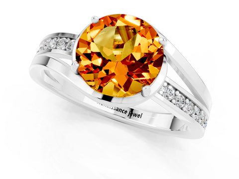 White gold Round Cut Citrine Solitaire Ring with Split Shank and Prong Setting_1