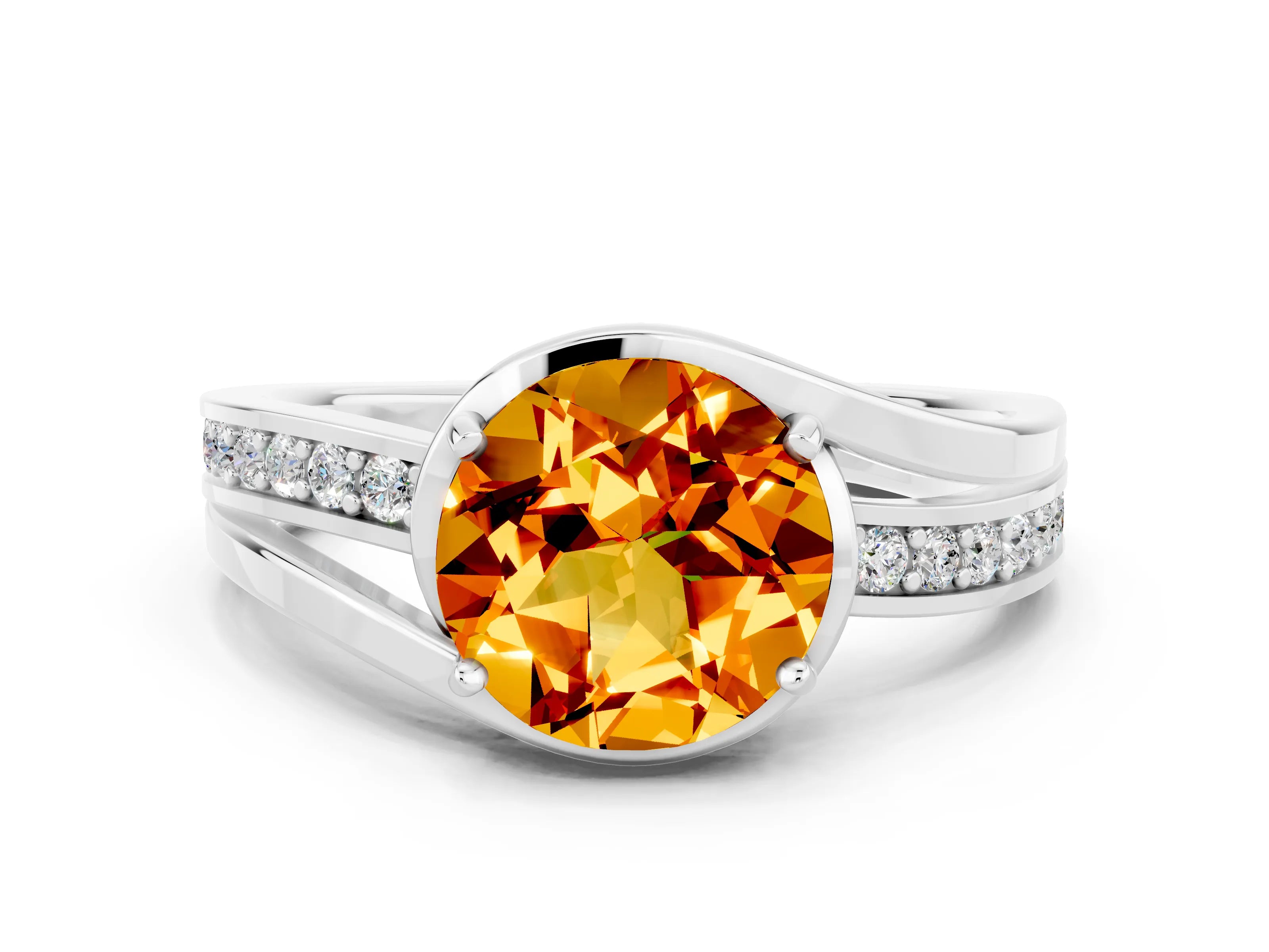White gold Round Cut Citrine Solitaire Ring with Split Shank and Prong Setting