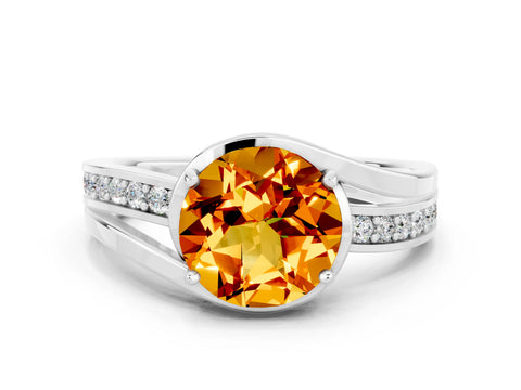 White gold Round Cut Citrine Solitaire Ring with Split Shank and Prong Setting