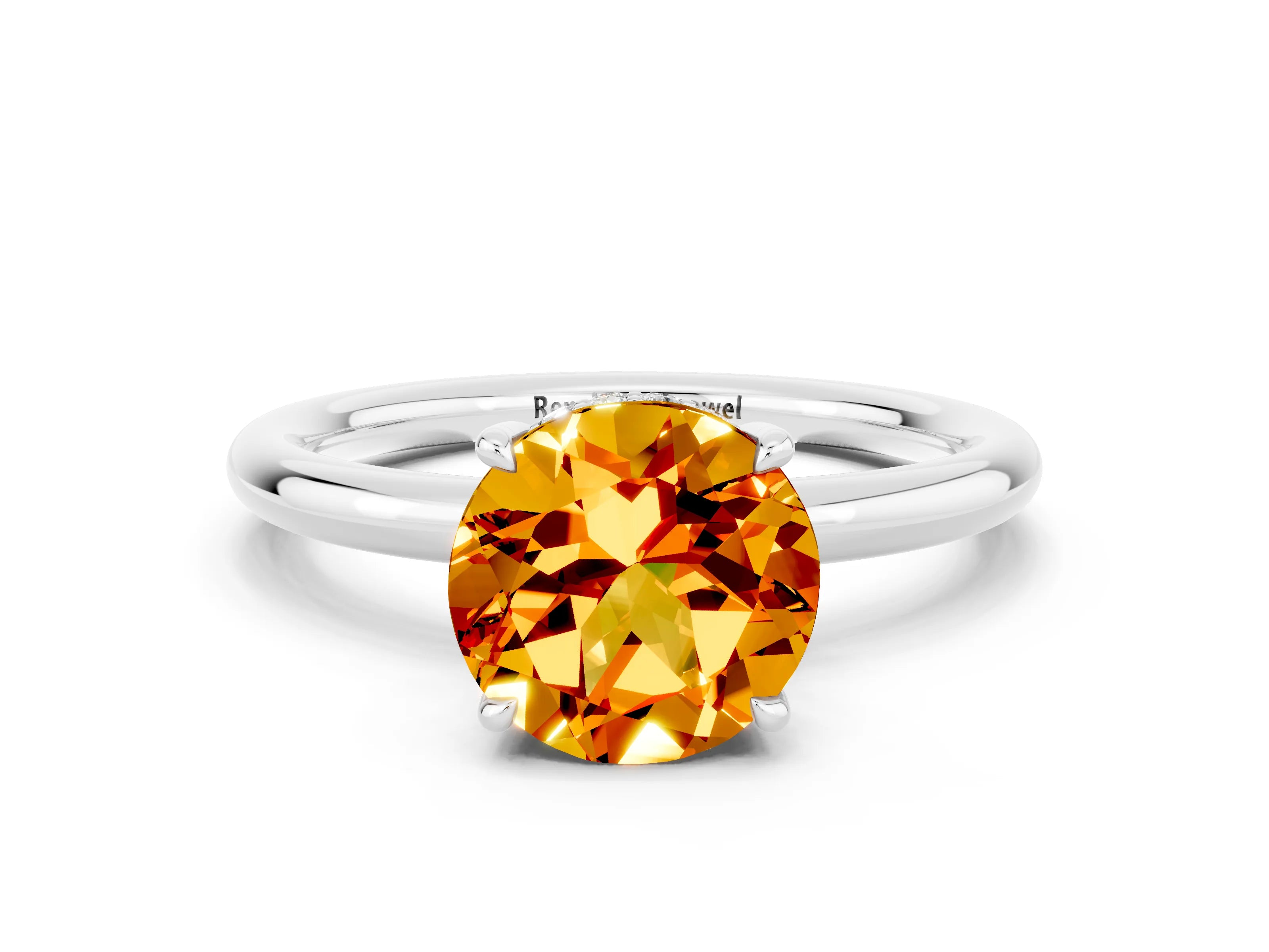 White gold Round Cut Citrine Solitaire Ring with Thin Band and Four-Prong Setting_12