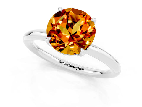 White gold Round Cut Citrine Solitaire Ring with Thin Band and Four-Prong Setting_13