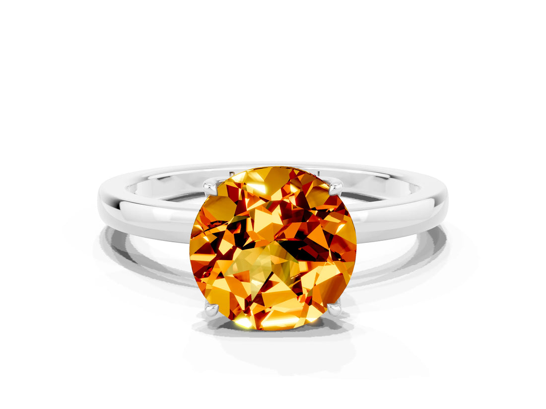 White gold Round Cut Citrine Solitaire Ring with Thin Band and Prong Setting_12