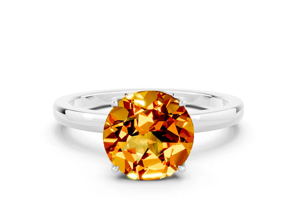 White gold Round Cut Citrine Solitaire Ring with Thin Band and Prong Setting