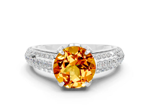 White gold Round Cut Citrine Solitaire Ring with Three-Row Pavé Band and Four-Prong Setting_12