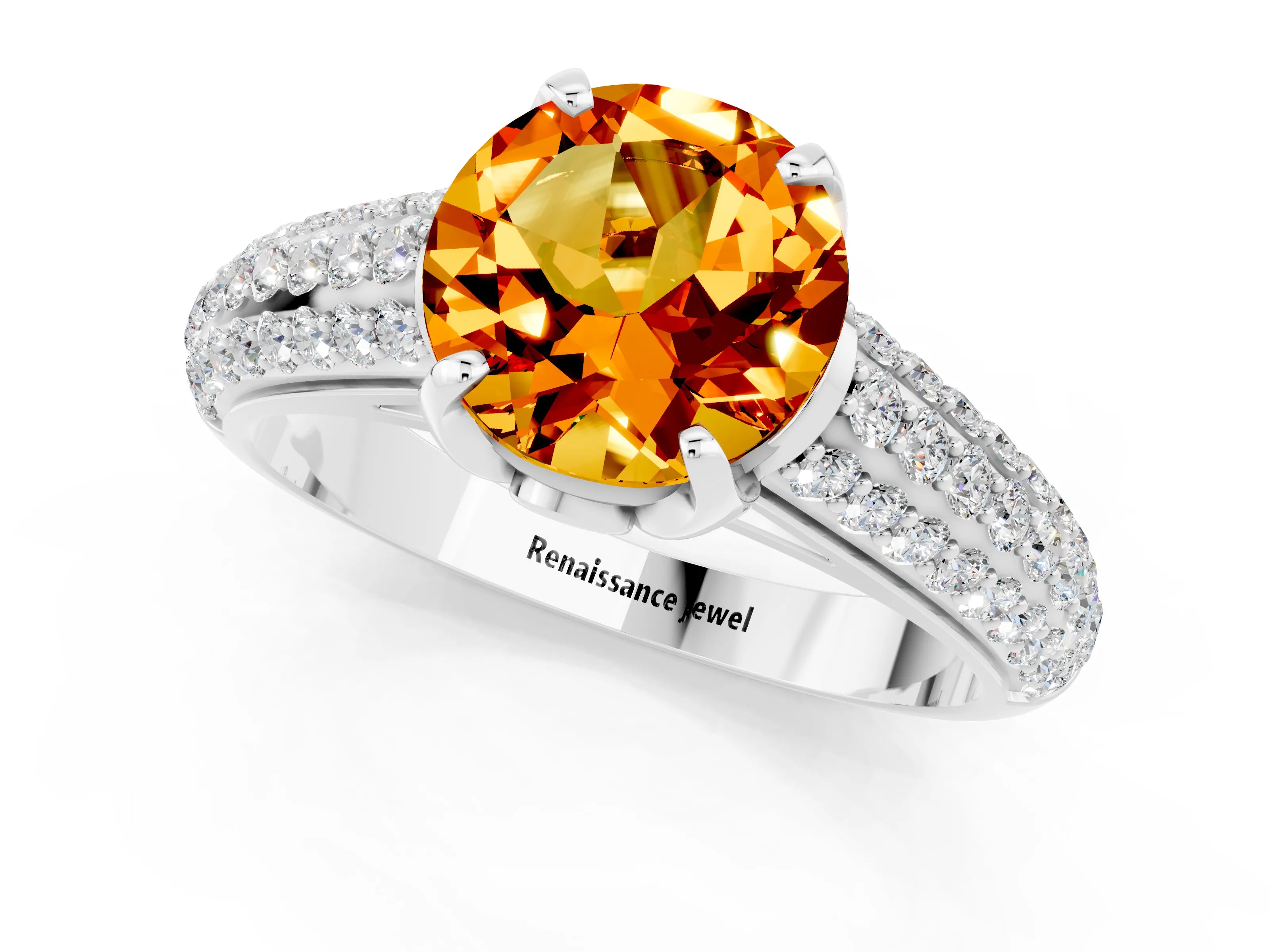 White gold Round Cut Citrine Solitaire Ring with Three-Row Pavé Band and Four-Prong Setting_13