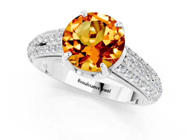 Silver Round Cut Citrine Solitaire Ring with Three-Row Pavé Band and Four-Prong Setting