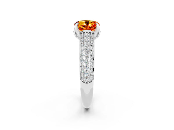 Platinum Round Cut Citrine Solitaire Ring with Three-Row Pavé Band and Four-Prong Setting