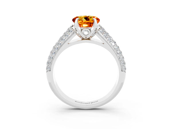 Platinum Round Cut Citrine Solitaire Ring with Three-Row Pavé Band and Four-Prong Setting