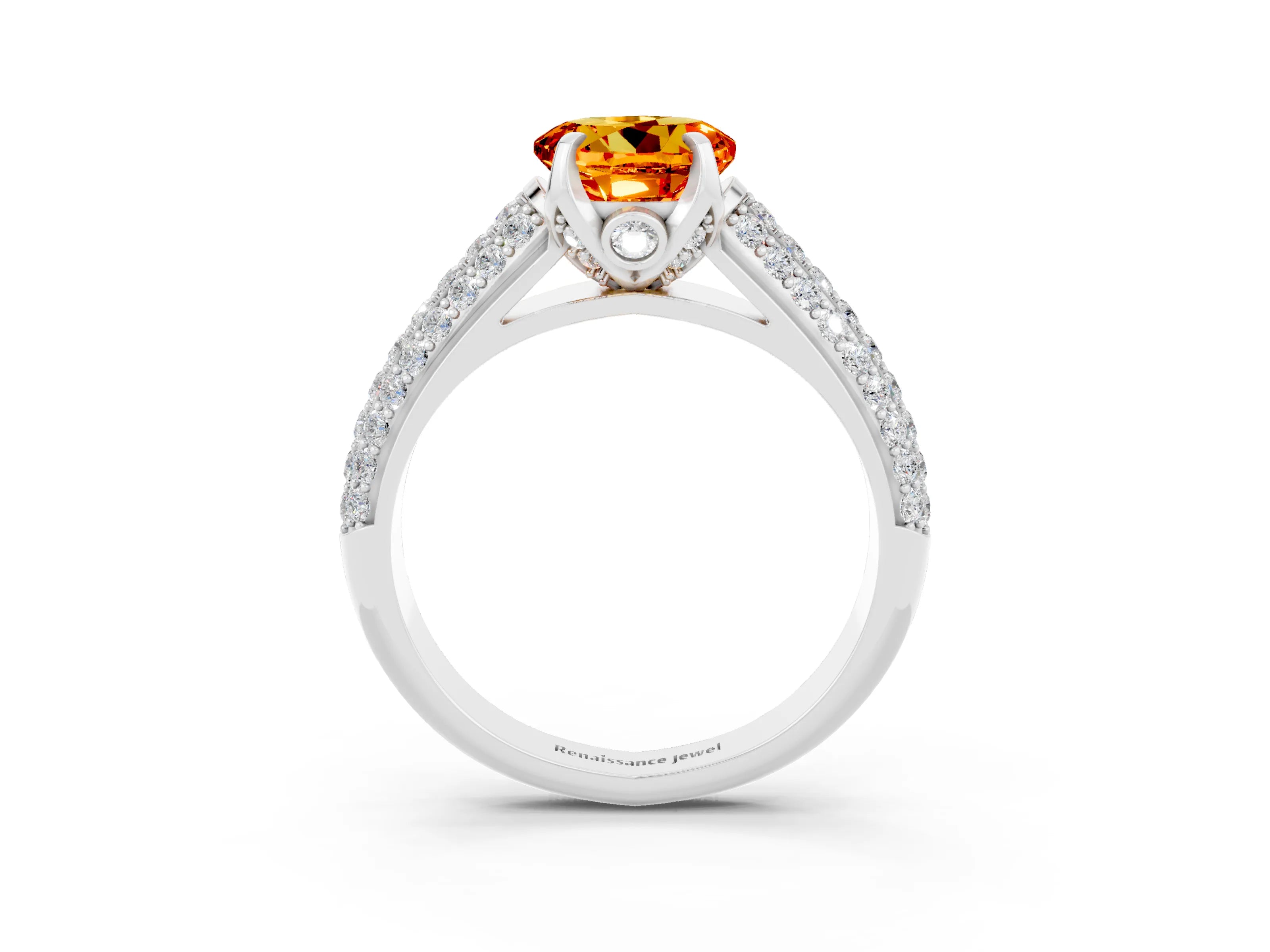 White gold Round Cut Citrine Solitaire Ring with Three-Row Pavé Band and Four-Prong Setting_15