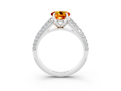 White gold Round Cut Citrine Solitaire Ring with Three-Row Pavé Band and Four-Prong Setting_15