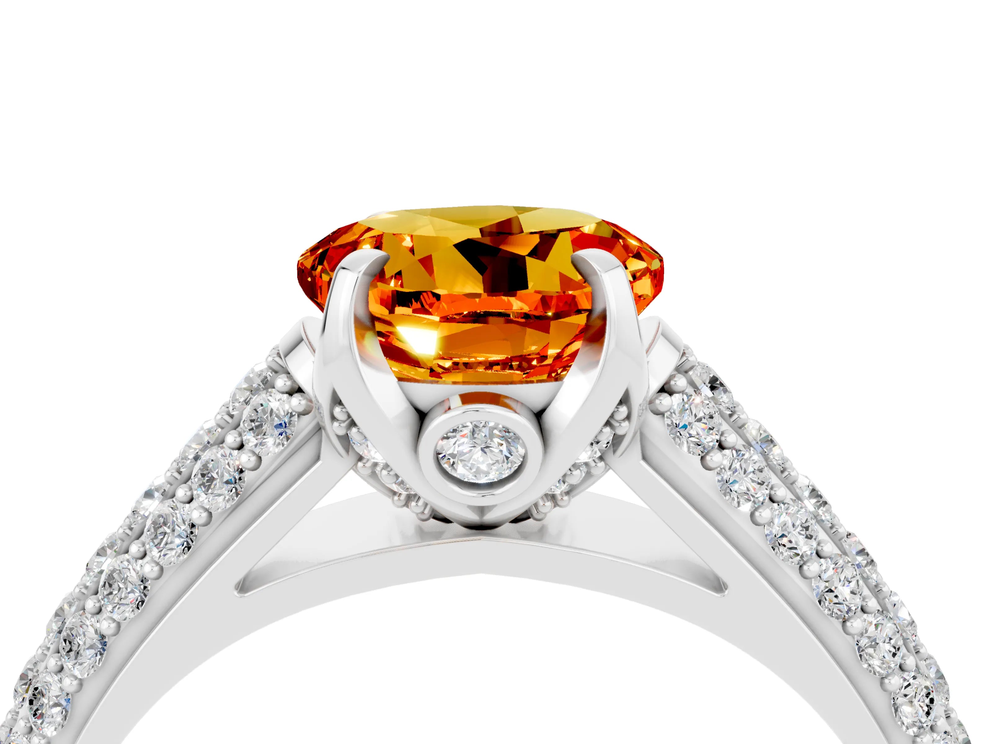 White gold Round Cut Citrine Solitaire Ring with Three-Row Pavé Band and Four-Prong Setting_16