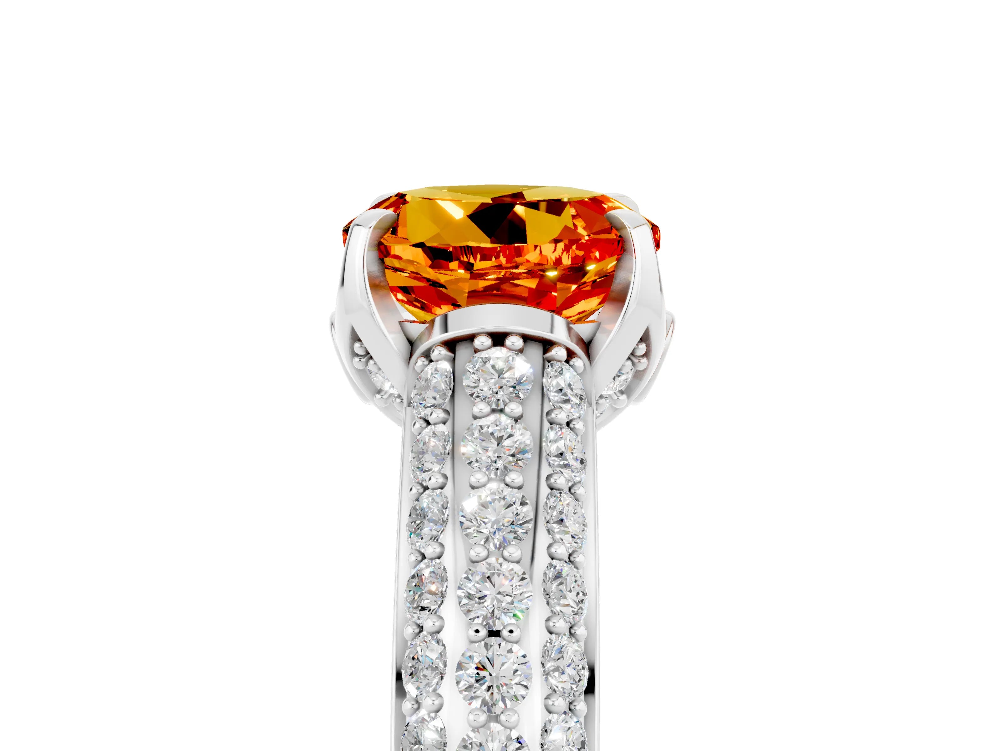 White gold Round Cut Citrine Solitaire Ring with Three-Row Pavé Band and Four-Prong Setting_17