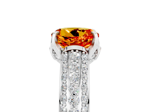 White gold Round Cut Citrine Solitaire Ring with Three-Row Pavé Band and Four-Prong Setting_17