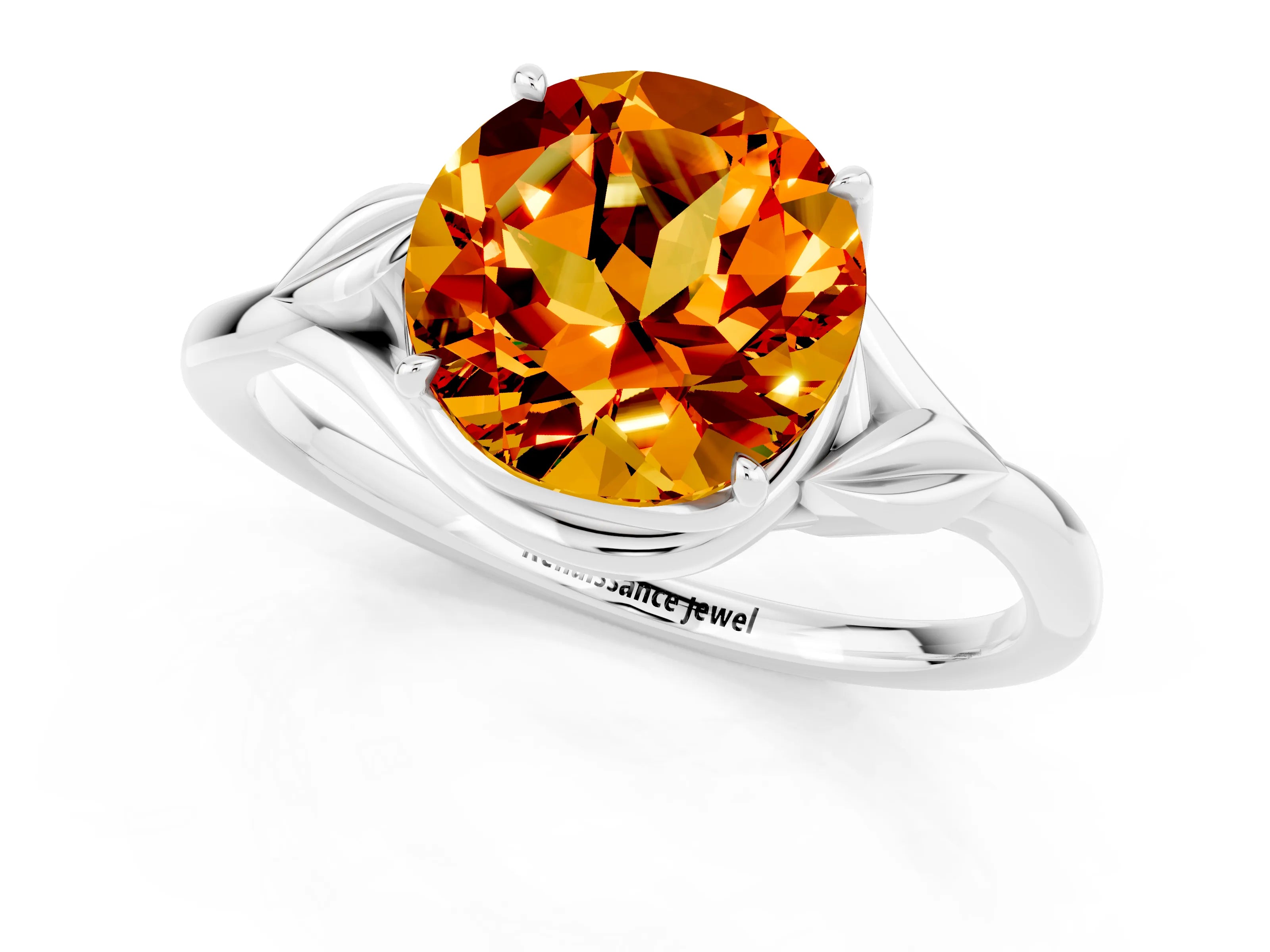 White gold Round Cut Citrine Solitaire Ring with Twist Band and Four-Prong Setting_13