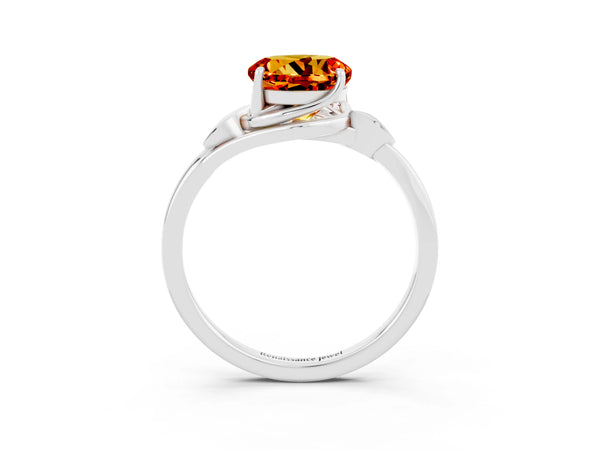 Platinum Round Cut Citrine Solitaire Ring with Twist Band and Four-Prong Setting