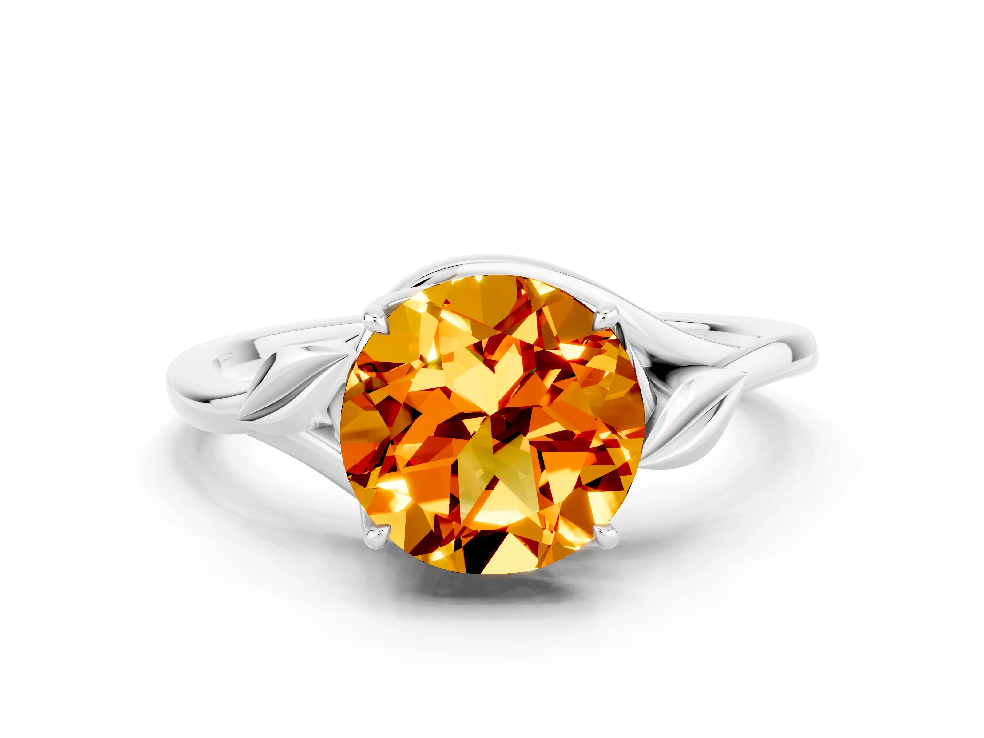 White gold Round Cut Citrine Solitaire Ring with Twist Band and Four-Prong Setting_36