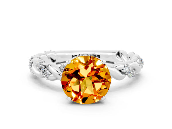 Platinum Round Cut Citrine Solitaire Ring with Twisted Band and Pavé Accents