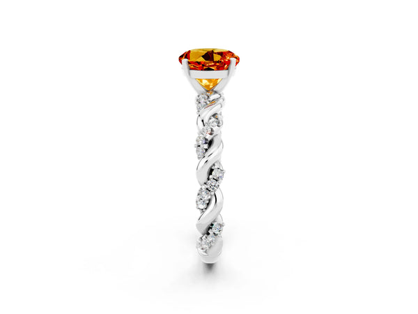 Silver Round Cut Citrine Solitaire Ring with Twisted Band and Pavé Accents