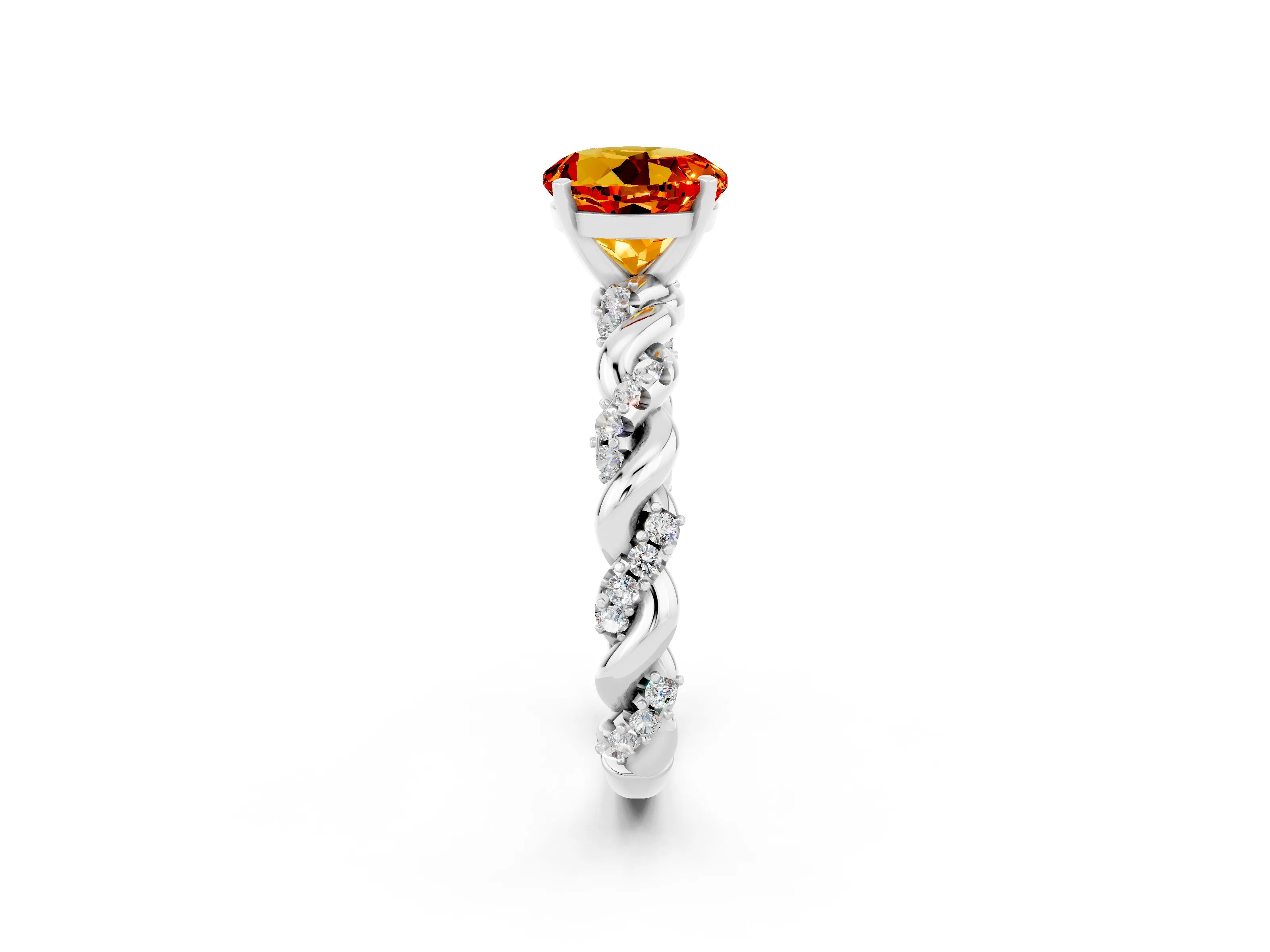 White gold Round Cut Citrine Solitaire Ring with Twisted Band and Pavé Accents_2