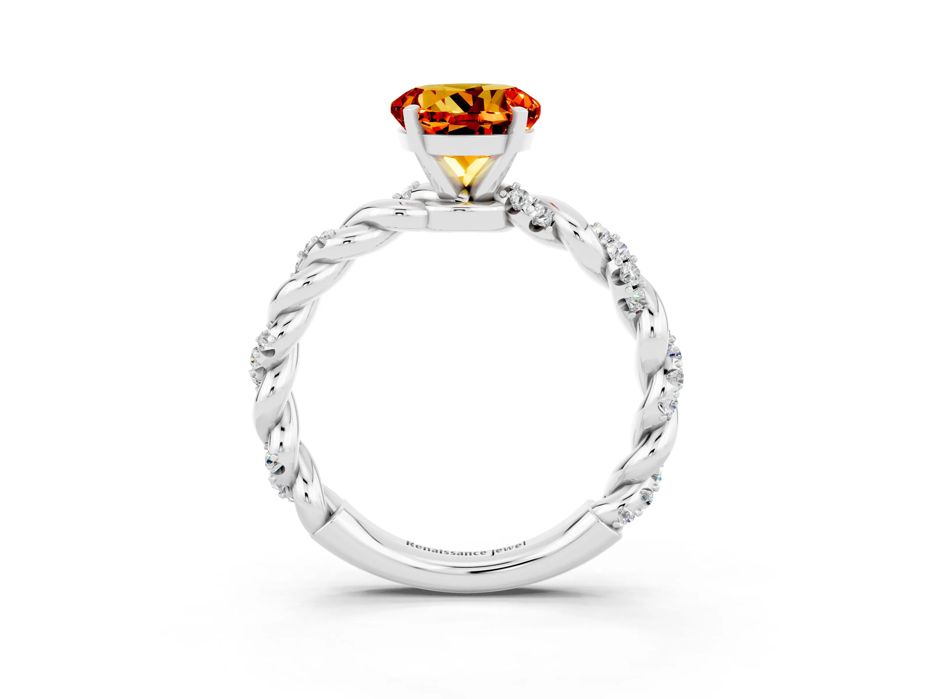 White gold Round Cut Citrine Solitaire Ring with Twisted Band and Pavé Accents_3