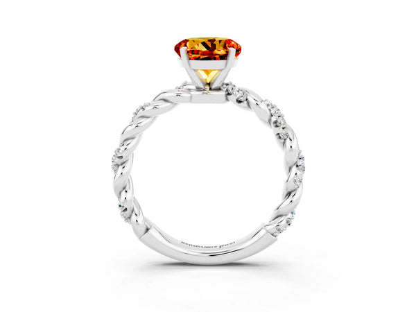 White gold Round Cut Citrine Solitaire Ring with Twisted Band and Pavé Accents