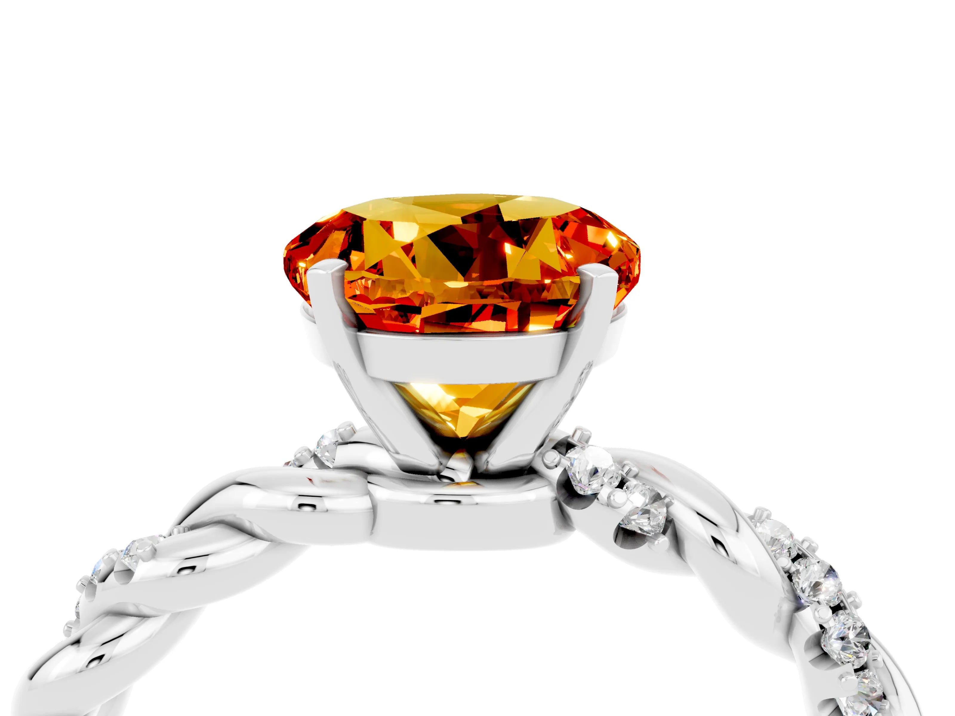 White gold Round Cut Citrine Solitaire Ring with Twisted Band and Pavé Accents_4