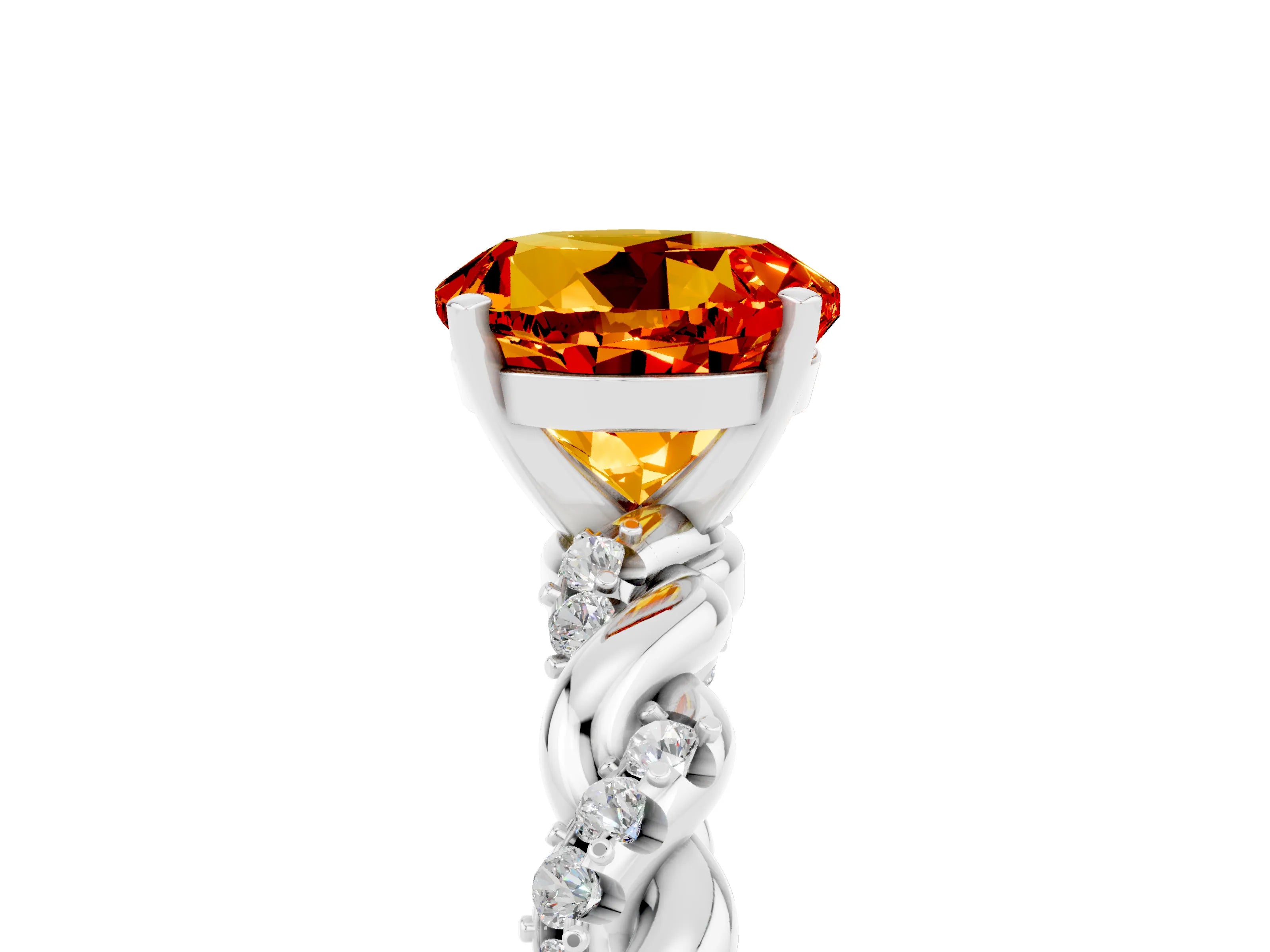 White gold Round Cut Citrine Solitaire Ring with Twisted Band and Pavé Accents_5