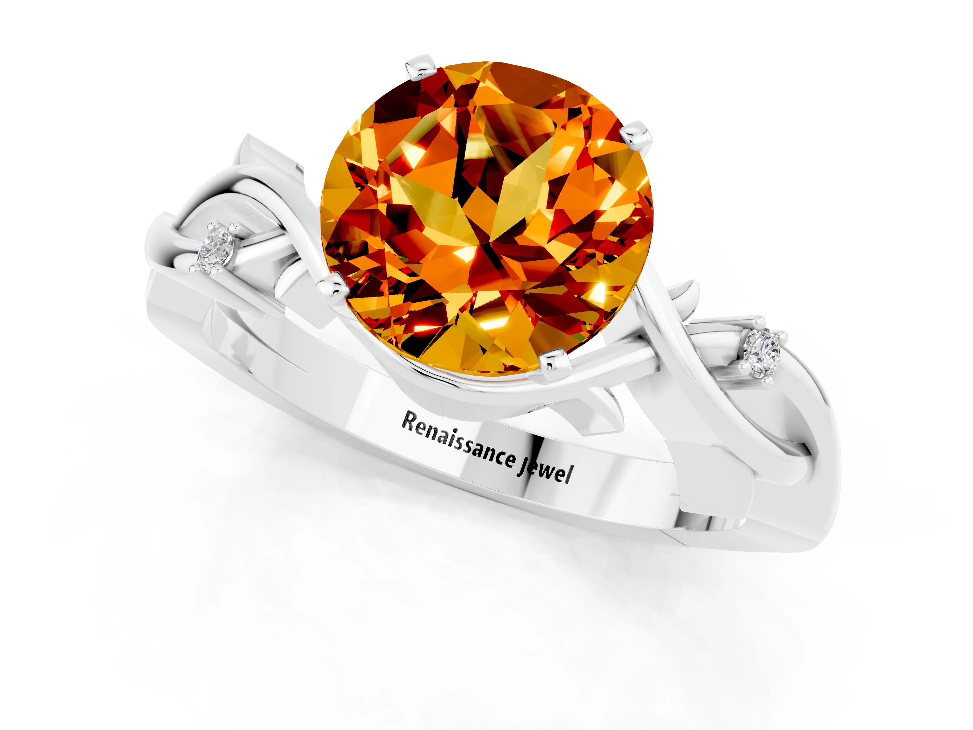 White gold Round Cut Citrine Solitaire Ring with Twisted Band and Prong Setting_1
