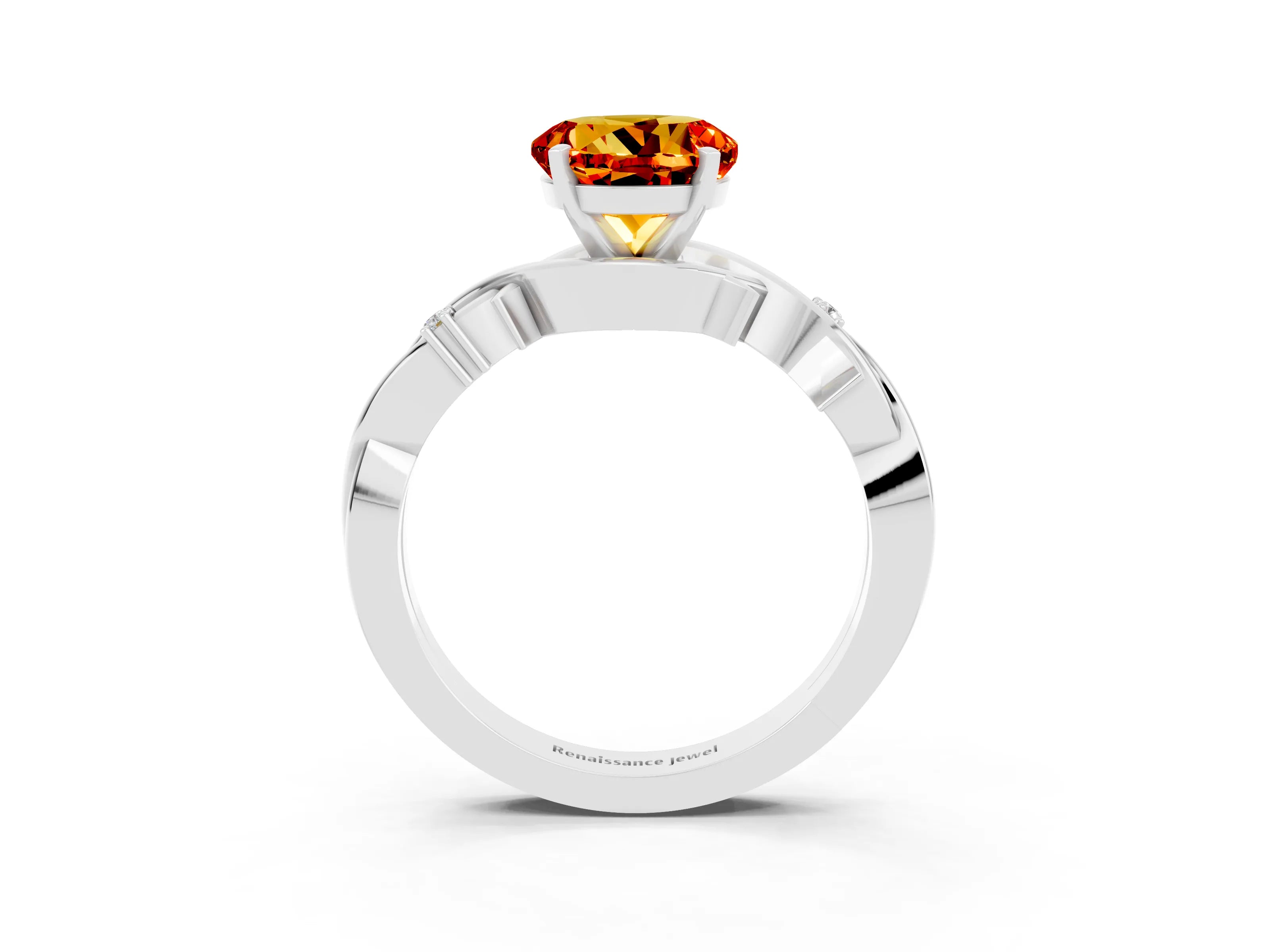 White gold Round Cut Citrine Solitaire Ring with Twisted Band and Prong Setting_15