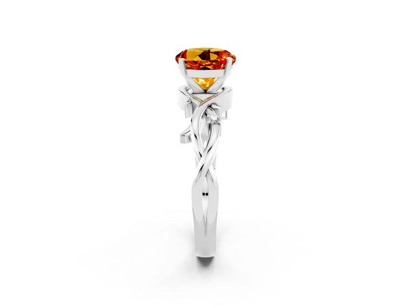 Silver Round Cut Citrine Solitaire Ring with Twisted Band and Prong Setting