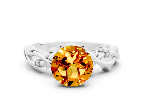 White gold Round Cut Citrine Solitaire Ring with Twisted Band and Prong Setting
