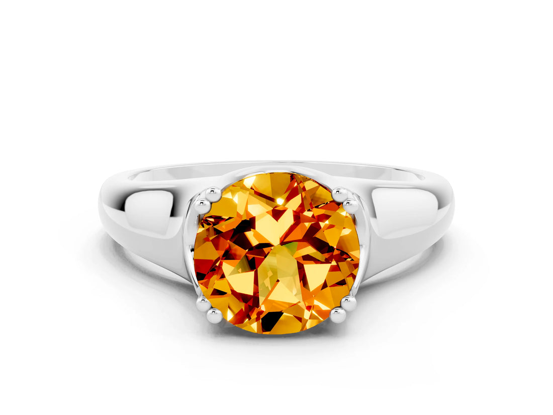 White gold Round Cut Citrine Solitaire Ring with Wide Band and Prong Setting