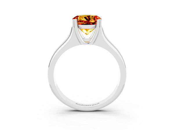 Silver Round Cut Citrine Solitaire Ring with Wide Band and Prong Setting