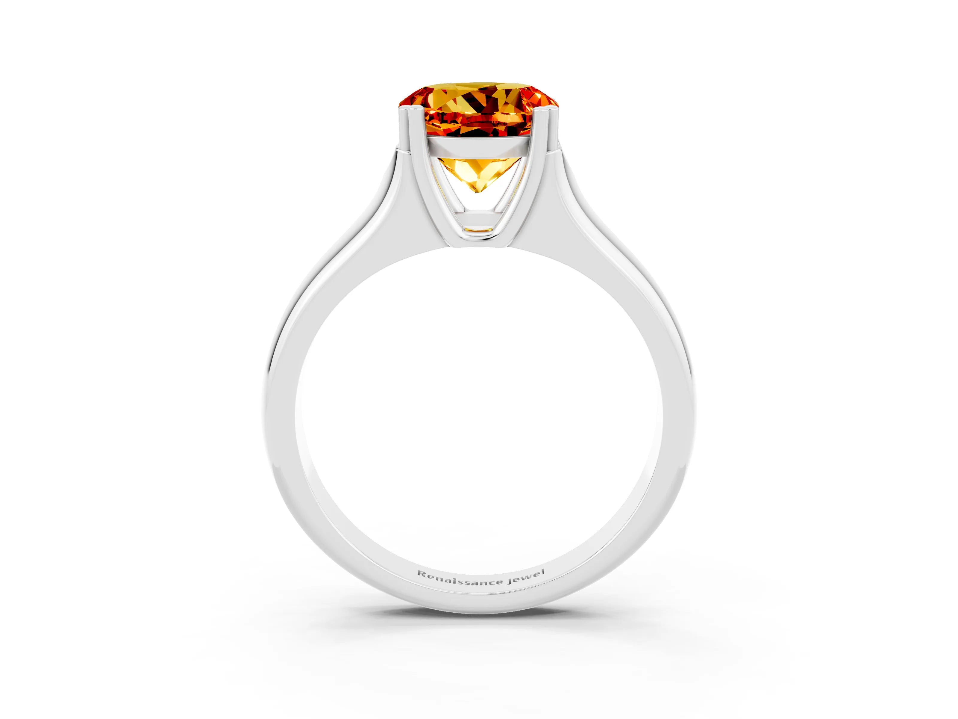 White gold Round Cut Citrine Solitaire Ring with Wide Band and Prong Setting_3
