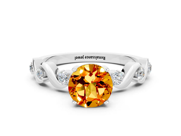Platinum Round Cut Citrine Solitaire Twisted Band with Round  Accents and Prong Setting