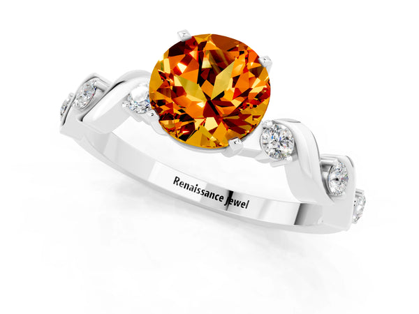 Platinum Round Cut Citrine Solitaire Twisted Band with Round  Accents and Prong Setting