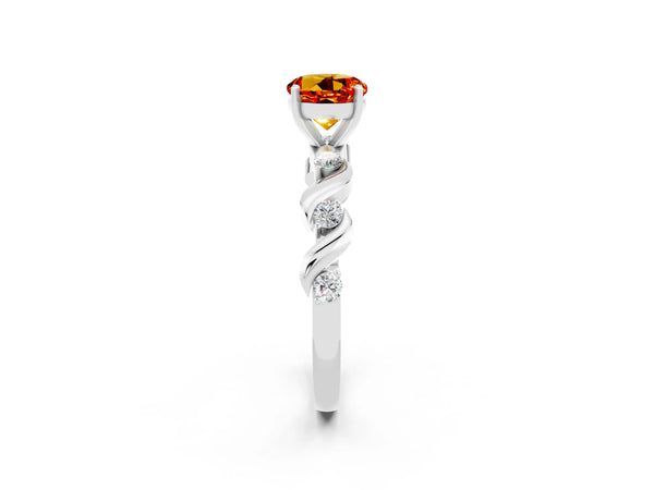 Platinum Round Cut Citrine Solitaire Twisted Band with Round  Accents and Prong Setting