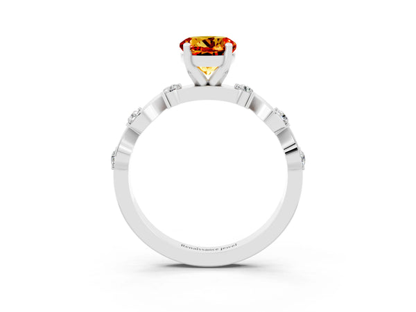 Platinum Round Cut Citrine Solitaire Twisted Band with Round  Accents and Prong Setting