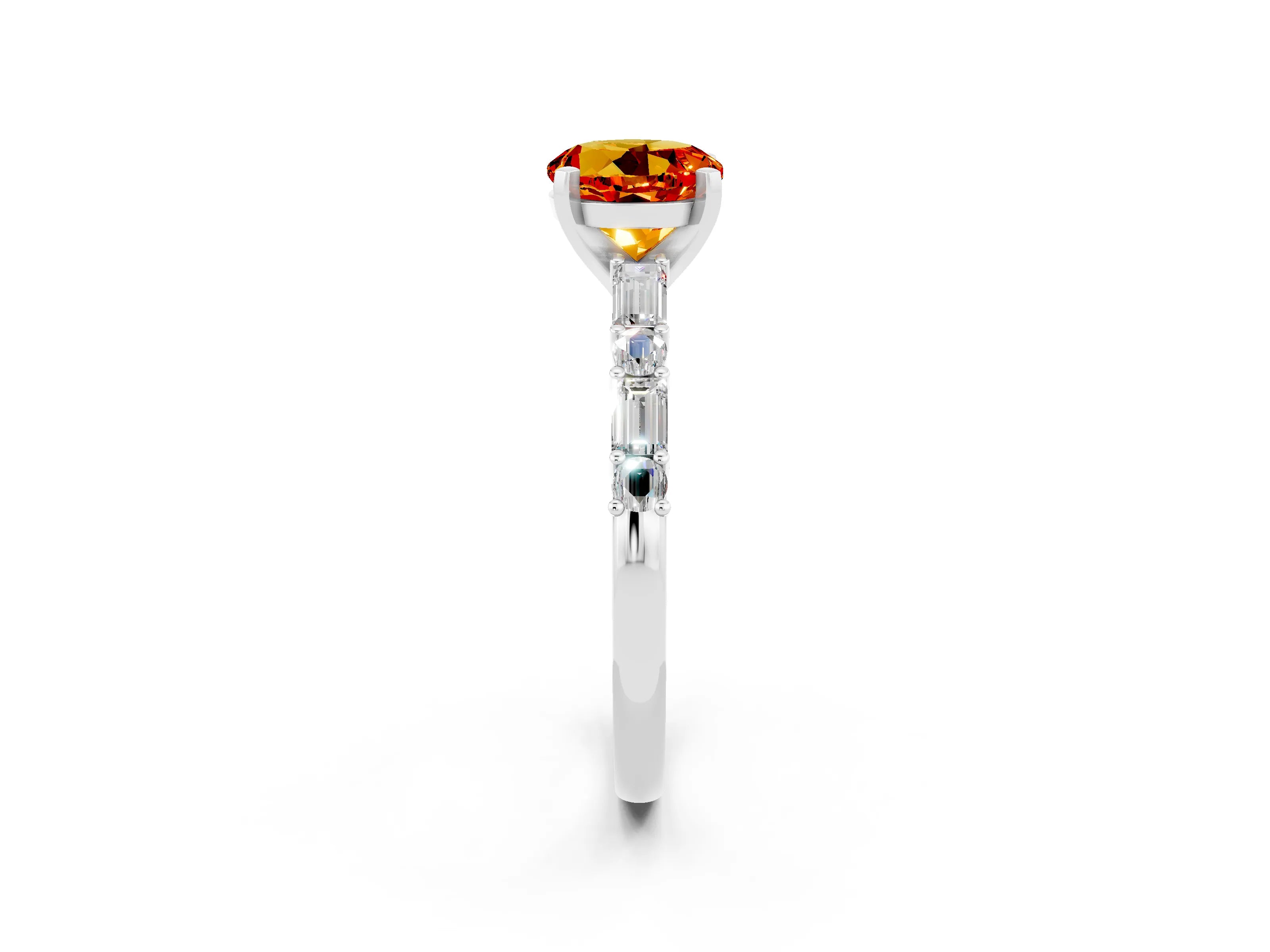 White gold Round Cut Citrine Solitaire with Side Baguettes and Channel Set Band_2