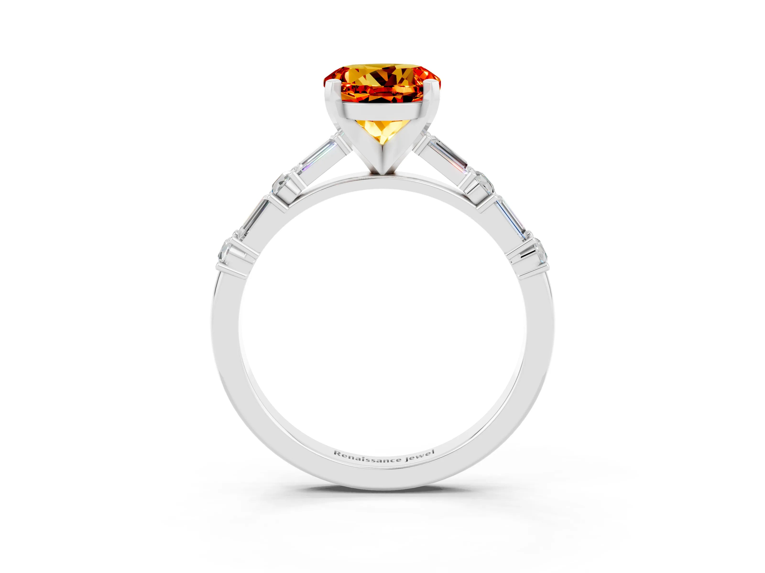 White gold Round Cut Citrine Solitaire with Side Baguettes and Channel Set Band_3